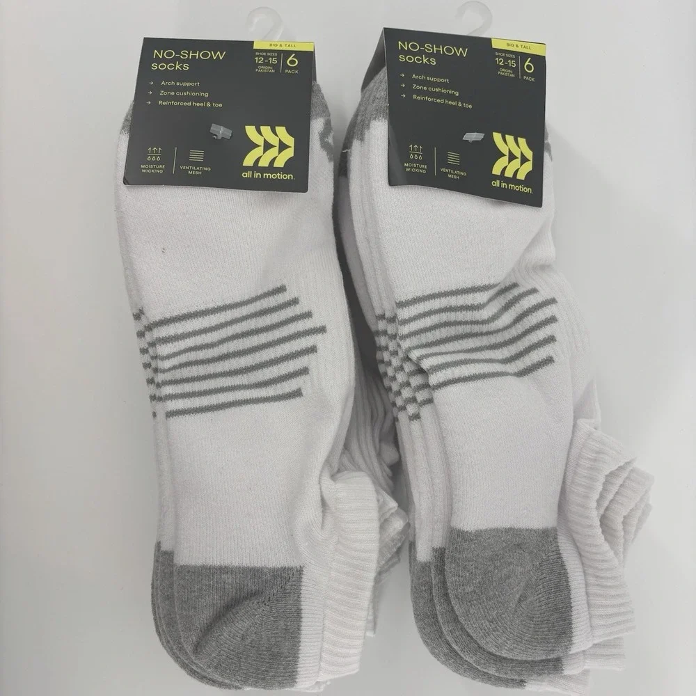 2 Packs/12 Pair All In Motion No Show Socks Men Size 12-15 White Big/Tall Active
